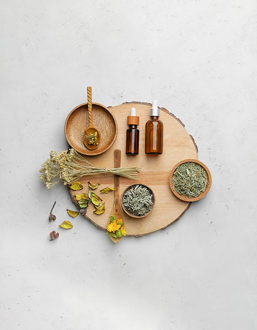 Composition with different herbs and bottles of essential oil